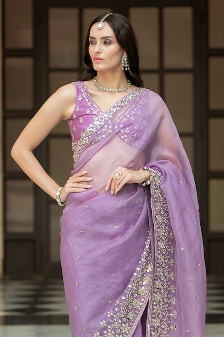 Buy_Esha Koul_Purple Organza, Crepe Sequins, Gota Patti, Mirrors Embroiderd Pleated Saree Set _Online_at_Aza_Fashions