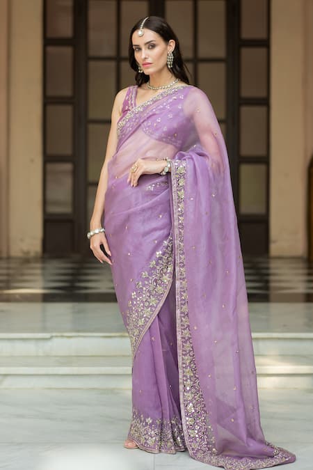 Shop_Esha Koul_Purple Organza, Crepe Sequins, Gota Patti, Mirrors Embroiderd Pleated Saree Set _Online_at_Aza_Fashions