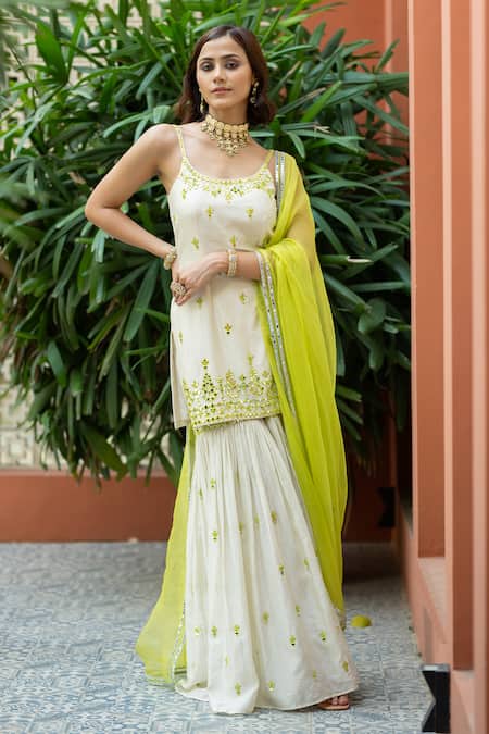 Buy Esha Koul Off White Chanderi, Organza, Linen Mirrors Round Embroidered Kurta Sharara Set Online at Aza Fashions Buy_Esha Koul_Off White Chanderi, Organza, Linen Mirrors Round Embroidered Kurta Sharara Set _Online_at_Aza_Fashions