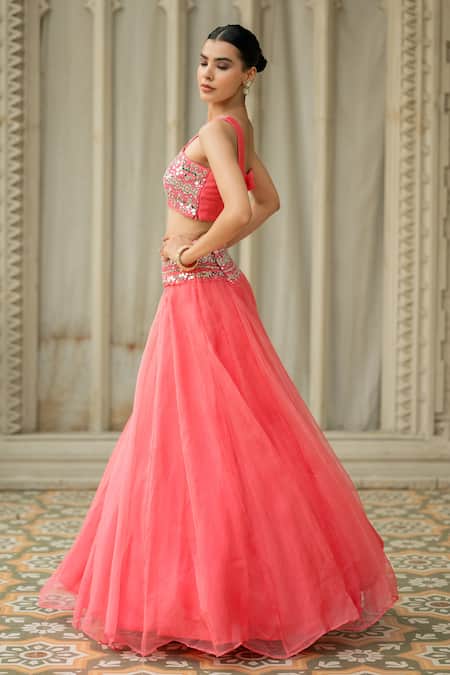 Esha Koul_Pink Organza, Chanderi Mirrors V-neck Embroidered Cape Lehenga Set _Online_at_Aza_Fashions