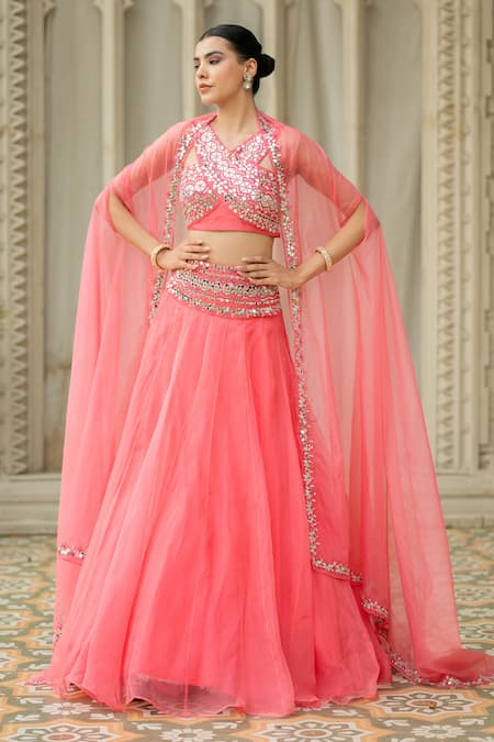 Buy_Esha Koul_Pink Organza, Chanderi Mirrors V-neck Embroidered Cape Lehenga Set _Online_at_Aza_Fashions