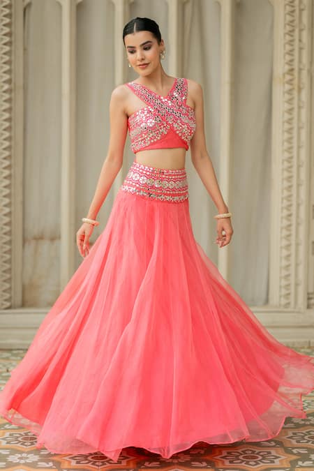 Shop_Esha Koul_Pink Organza, Chanderi Mirrors V-neck Embroidered Cape Lehenga Set _Online_at_Aza_Fashions