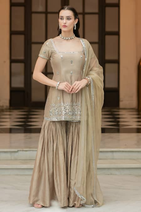 Esha Koul Brown Semi Crepe Embroidered Mirror Square Neck Kurta Sharara Set 