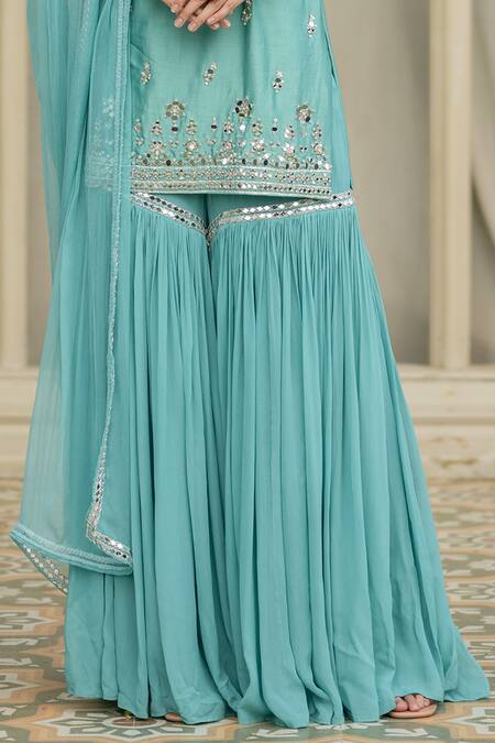 Esha Koul Blue Organza, Chanderi Mirrors Round Neck Emroidered Kurta Sharara Set Online at Aza Fashions Esha Koul_Blue Organza, Chanderi Mirrors Round Neck Emroidered Kurta Sharara Set _Online_at_Aza_Fashions