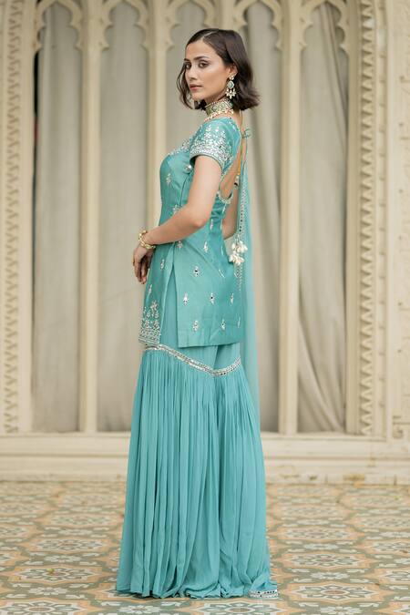 Buy Esha Koul Blue Organza, Chanderi Mirrors Round Neck Emroidered Kurta Sharara Set Online at Aza Fashions Buy_Esha Koul_Blue Organza, Chanderi Mirrors Round Neck Emroidered Kurta Sharara Set _Online_at_Aza_Fashions