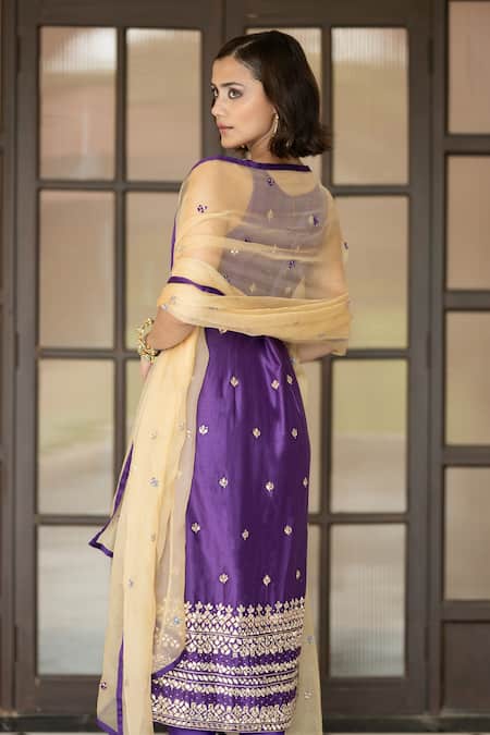 Esha Koul Purple Chanderi, Organza Mirrors Round Neck Emroidered Kurta Churidar Set Online at Aza Fashions Esha Koul_Purple Chanderi, Organza Mirrors Round Neck Emroidered Kurta Churidar Set _Online_at_Aza_Fashions