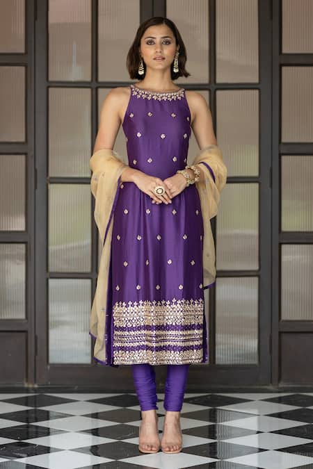 Buy Esha Koul Purple Chanderi, Organza Mirrors Round Neck Emroidered Kurta Churidar Set Online at Aza Fashions Buy_Esha Koul_Purple Chanderi, Organza Mirrors Round Neck Emroidered Kurta Churidar Set _Online_at_Aza_Fashions