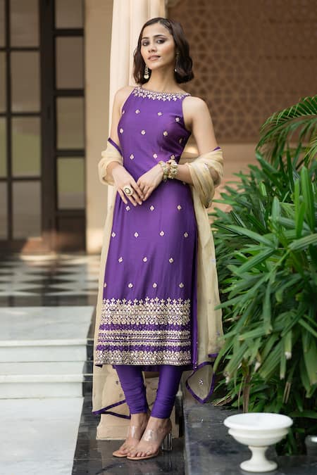 Shop Esha Koul Purple Chanderi, Organza Mirrors Round Neck Emroidered Kurta Churidar Set Online at Aza Fashions Shop_Esha Koul_Purple Chanderi, Organza Mirrors Round Neck Emroidered Kurta Churidar Set _Online_at_Aza_Fashions
