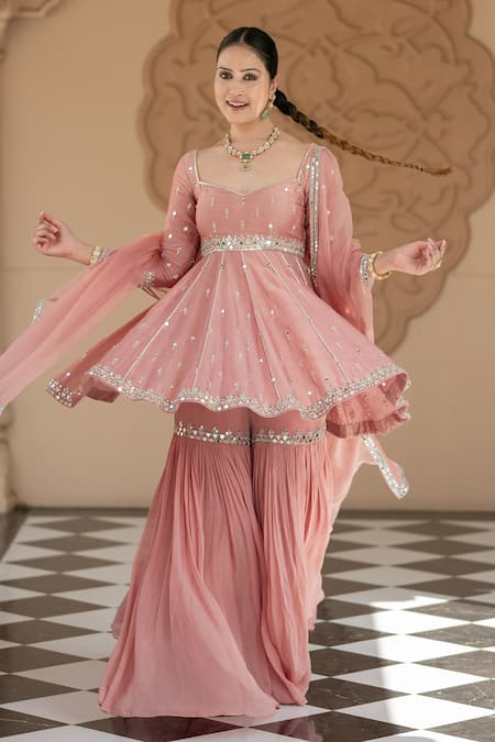 Buy_Esha Koul_Pink Organza, Chanderi Embroidery, Mirrors Sweetheart Neck Peplum Kurta Set _Online_at_Aza_Fashions