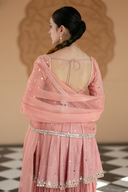 Shop_Esha Koul_Pink Organza, Chanderi Embroidery, Mirrors Sweetheart Neck Peplum Kurta Set _Online_at_Aza_Fashions