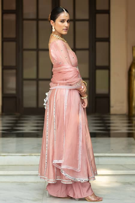 Buy_Esha Koul_Pink Organza, Chanderi, Linen Mirrors Sweetheart Embroidered Onion Anarkali Set _Online_at_Aza_Fashions