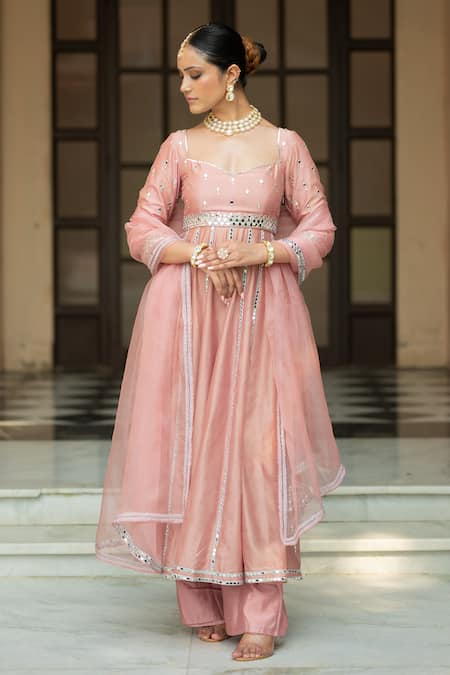Shop_Esha Koul_Pink Organza, Chanderi, Linen Mirrors Sweetheart Embroidered Onion Anarkali Set _Online_at_Aza_Fashions