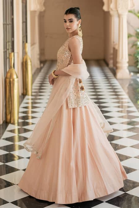 Buy Esha Koul Pink Organza, Chanderi Mirrors V-neck Embroidered Kurta Lehenga Set Online at Aza Fashions Buy_Esha Koul_Pink Organza, Chanderi Mirrors V-neck Embroidered Kurta Lehenga Set _Online_at_Aza_Fashions