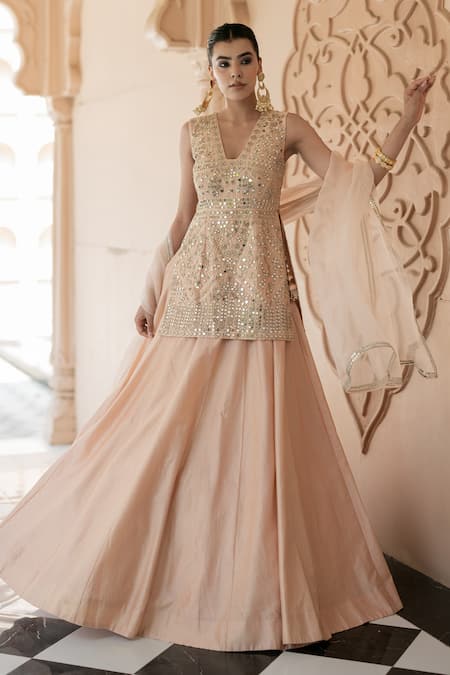 Shop Esha Koul Pink Organza, Chanderi Mirrors V-neck Embroidered Kurta Lehenga Set Online at Aza Fashions Shop_Esha Koul_Pink Organza, Chanderi Mirrors V-neck Embroidered Kurta Lehenga Set _Online_at_Aza_Fashions