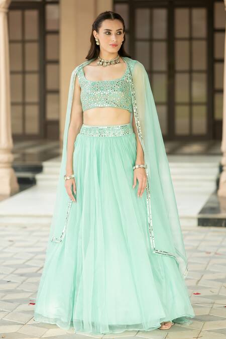 Buy_Esha Koul_Blue Chanderi, Organza Mirrors Square Neck Embroidered Cape Lehenga Set _Online_at_Aza_Fashions