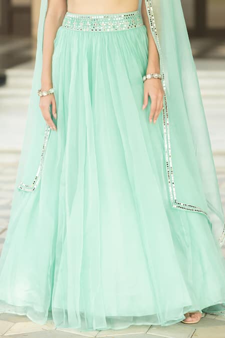 Shop_Esha Koul_Blue Chanderi, Organza Mirrors Square Neck Embroidered Cape Lehenga Set _Online_at_Aza_Fashions