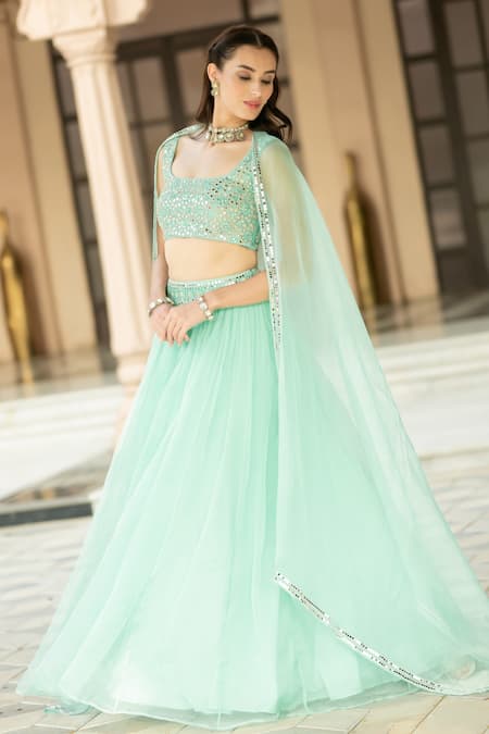 Esha Koul_Blue Chanderi, Organza Mirrors Square Neck Embroidered Cape Lehenga Set _at_Aza_Fashions