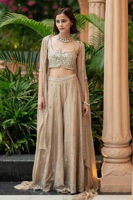 Buy Esha Koul Brown Chanderi, Georgette Mirrors Split V-neck Embroidered Cape Palazzo Set Online at Aza Fashions Buy_Esha Koul_Brown Chanderi, Georgette Mirrors Split V-neck Embroidered Cape Palazzo Set _Online_at_Aza_Fashions