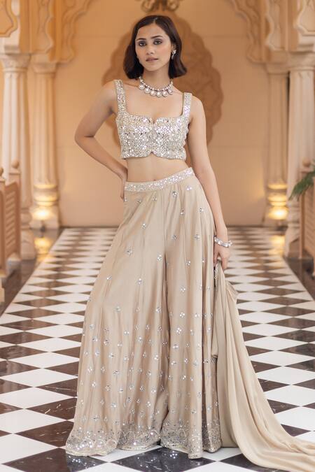 Buy Esha Koul Brown Chanderi, Georgette Mirrors Split V-neck Embroidered Cape Palazzo Set Buy_Esha Koul_Brown Chanderi, Georgette Mirrors Split V-neck Embroidered Cape Palazzo Set