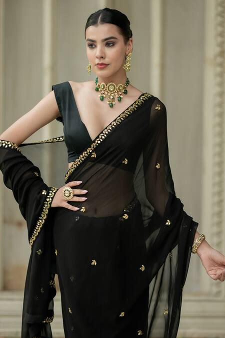 Buy_Esha Koul_Black Georgette, Modal Mirrors V-neck Embroidered Pre-draped Saree With Blouse _Online_at_Aza_Fashions