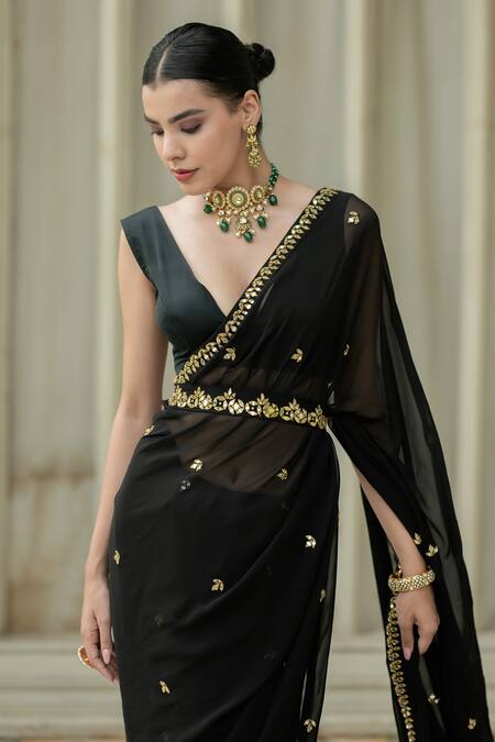 Shop_Esha Koul_Black Georgette, Modal Mirrors V-neck Embroidered Pre-draped Saree With Blouse _Online_at_Aza_Fashions