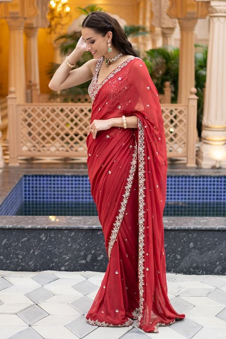 Esha Koul Red Chanderi, Georgette Mirrors Round Embroidered Pre-draped Saree With Blouse Online at Aza Fashions Esha Koul_Red Chanderi, Georgette Mirrors Round Embroidered Pre-draped Saree With Blouse _Online_at_Aza_Fashions