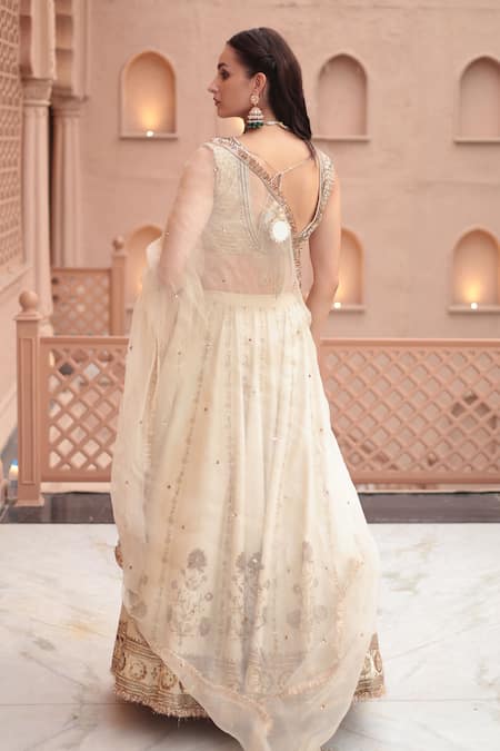 Esha Koul_Off White Chanderi, Organza, Crepe Sequins, Embroidery V-neck Blouse Lehenga Set _Online_at_Aza_Fashions