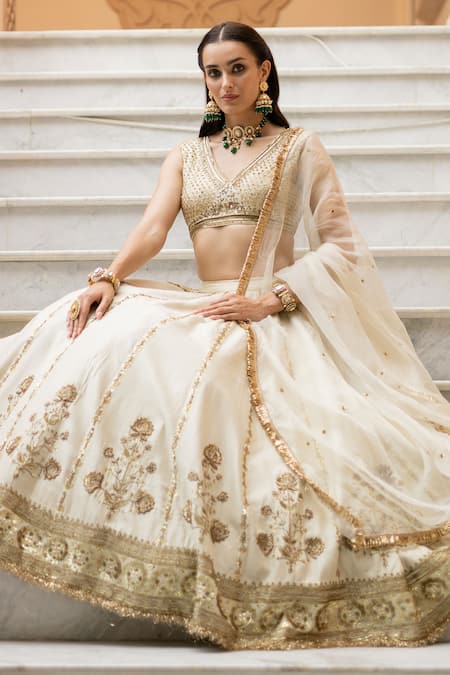 Buy_Esha Koul_Off White Chanderi, Organza, Crepe Sequins, Embroidery V-neck Blouse Lehenga Set _Online_at_Aza_Fashions
