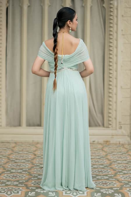 Shop_Esha Koul_Blue Georgette, Linen, Crepe Mirrors Off-shoulder Solid Draped Dress _at_Aza_Fashions