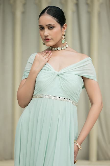 Esha Koul_Blue Georgette, Linen, Crepe Mirrors Off-shoulder Solid Draped Dress _Online_at_Aza_Fashions