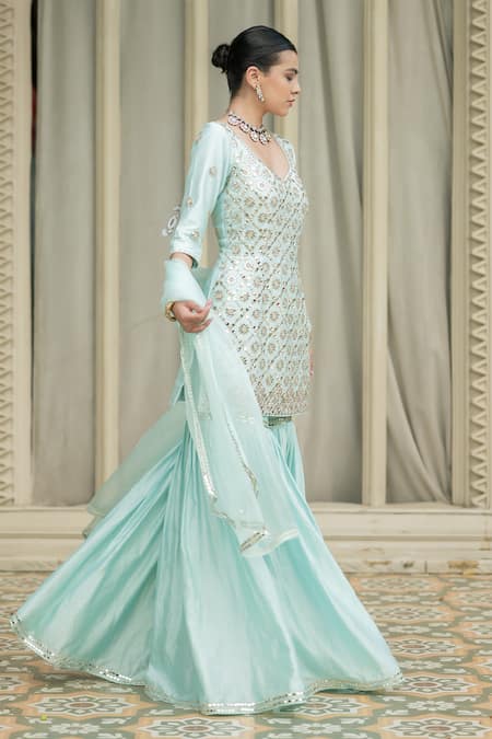 Esha Koul Blue Chanderi, Organza, Linen Mirrors Boat Embroidered Peplum Kurta Sharara Set Online at Aza Fashions Esha Koul_Blue Chanderi, Organza, Linen Mirrors Boat Embroidered Peplum Kurta Sharara Set _Online_at_Aza_Fashions