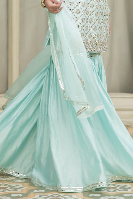 Buy Esha Koul Blue Chanderi, Organza, Linen Mirrors Boat Embroidered Peplum Kurta Sharara Set Online at Aza Fashions Buy_Esha Koul_Blue Chanderi, Organza, Linen Mirrors Boat Embroidered Peplum Kurta Sharara Set _Online_at_Aza_Fashions