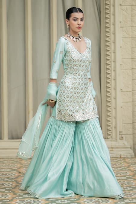 Shop Esha Koul Blue Chanderi, Organza, Linen Mirrors Boat Embroidered Peplum Kurta Sharara Set Online at Aza Fashions Shop_Esha Koul_Blue Chanderi, Organza, Linen Mirrors Boat Embroidered Peplum Kurta Sharara Set _Online_at_Aza_Fashions