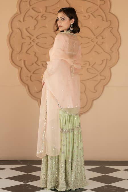 Shop Esha Koul Pink Chanderi, Organza, Linen Mirrors, Sequins Embroidered Kurta Sharara Set at Aza Fashions Shop_Esha Koul_Pink Chanderi, Organza, Linen Mirrors, Sequins Embroidered Kurta Sharara Set _at_Aza_Fashions