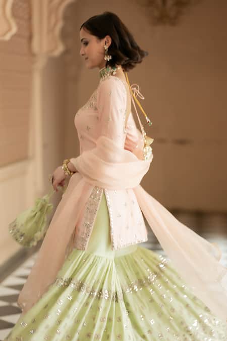 Esha Koul Pink Chanderi, Organza, Linen Mirrors, Sequins Embroidered Kurta Sharara Set Online at Aza Fashions Esha Koul_Pink Chanderi, Organza, Linen Mirrors, Sequins Embroidered Kurta Sharara Set _Online_at_Aza_Fashions