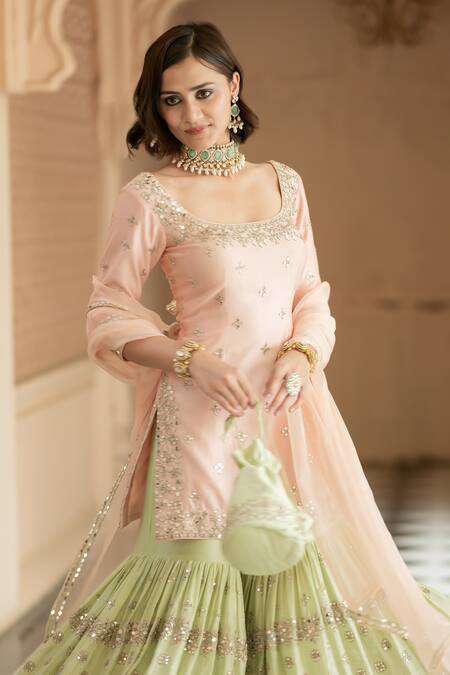 Buy Esha Koul Pink Chanderi, Organza, Linen Mirrors, Sequins Embroidered Kurta Sharara Set Online at Aza Fashions Buy_Esha Koul_Pink Chanderi, Organza, Linen Mirrors, Sequins Embroidered Kurta Sharara Set _Online_at_Aza_Fashions