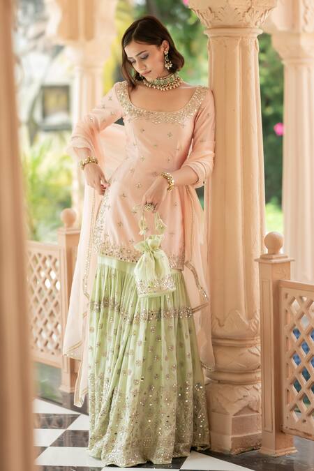 Shop Esha Koul Pink Chanderi, Organza, Linen Mirrors, Sequins Embroidered Kurta Sharara Set Online at Aza Fashions Shop_Esha Koul_Pink Chanderi, Organza, Linen Mirrors, Sequins Embroidered Kurta Sharara Set _Online_at_Aza_Fashions