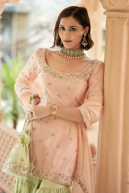 Esha Koul Pink Chanderi, Organza, Linen Mirrors, Sequins Embroidered Kurta Sharara Set at Aza Fashions Esha Koul_Pink Chanderi, Organza, Linen Mirrors, Sequins Embroidered Kurta Sharara Set _at_Aza_Fashions