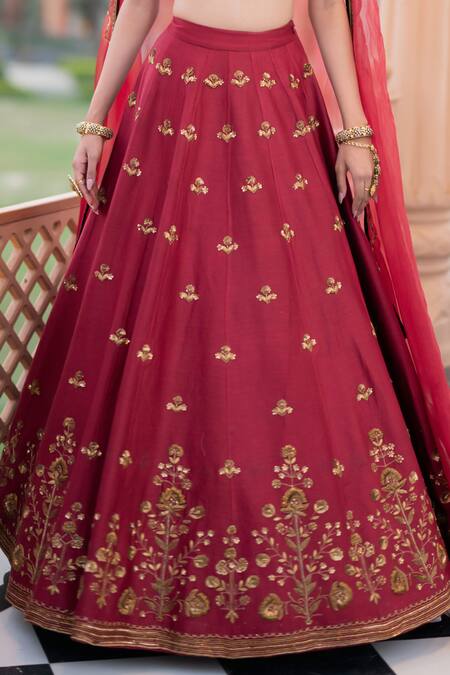 Buy_Esha Koul_Maroon Chanderi, Organza Sequins, Embroidery Square Blouse Bridal Lehenga Set _Online_at_Aza_Fashions