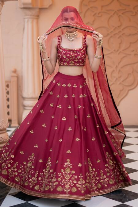 Shop_Esha Koul_Maroon Chanderi, Organza Sequins, Embroidery Square Blouse Bridal Lehenga Set _Online_at_Aza_Fashions