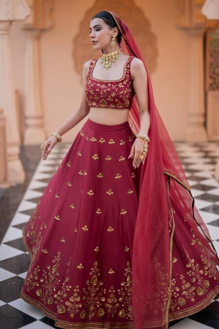 Esha Koul_Maroon Chanderi, Organza Sequins, Embroidery Square Blouse Bridal Lehenga Set _at_Aza_Fashions