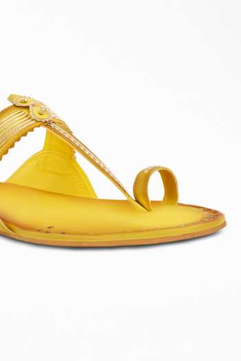 Signature Sole_Yellow Hand Embroidery Kasab Kolhapuris_at_Aza_Fashions