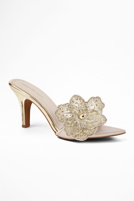 Buy Signature Sole Gold Embroidery 3d Hand Mule Heels Online at Aza Fashions Buy_Signature Sole_Gold Embroidery 3d Hand Mule Heels _Online_at_Aza_Fashions