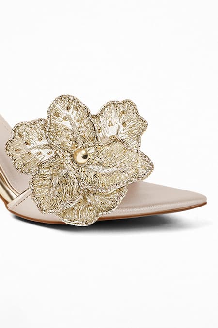 Signature Sole Gold Embroidery 3d Hand Mule Heels at Aza Fashions Signature Sole_Gold Embroidery 3d Hand Mule Heels _at_Aza_Fashions