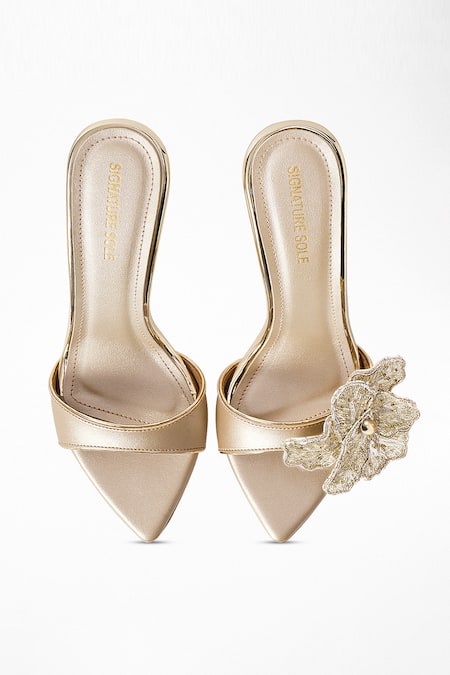 Signature Sole Gold Embroidery 3d Hand Mule Heels Online at Aza Fashions Signature Sole_Gold Embroidery 3d Hand Mule Heels _Online_at_Aza_Fashions
