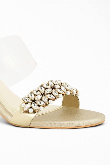 Shop_Signature Sole_Gold Embroidery Pearls Embellished Block Heels _Online_at_Aza_Fashions