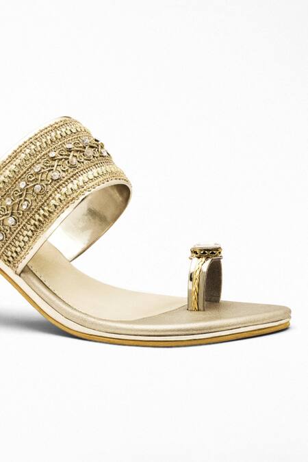 Signature Sole_Gold Embroidery Strap Block Heels_at_Aza_Fashions