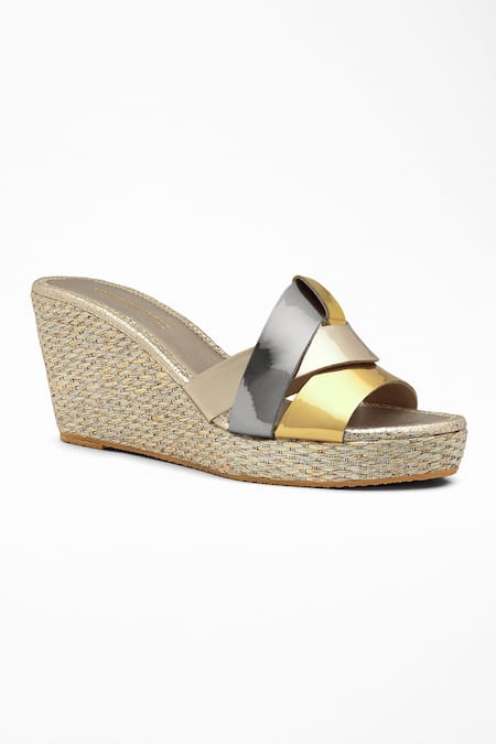 Signature Sole Gold Color Block Strap Wedges 