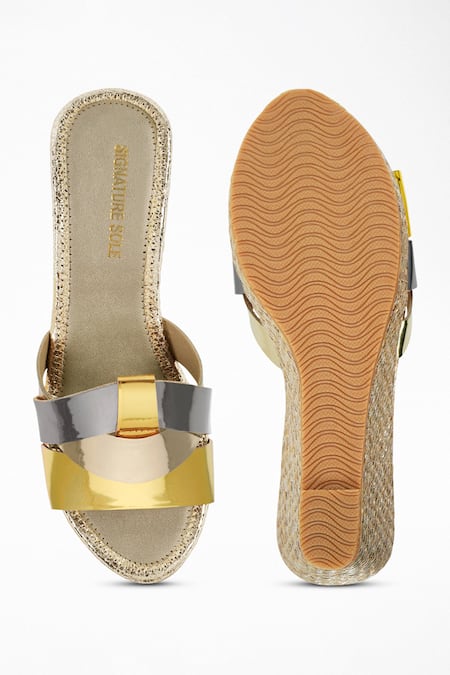 Signature Sole_Gold Color Block Strap Wedges _Online_at_Aza_Fashions