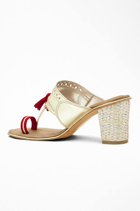 Buy_Signature Sole_Gold Tassels Detail Strap Block Heels _Online_at_Aza_Fashions